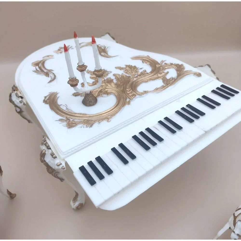 Vintage 1970s White & Gold Grand Piano Cake Decorating Set Candleholder Horses